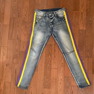 AMIRI Blue Jeans with Yellow and Purple Stripes